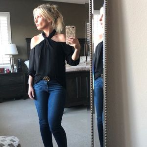 Vici naked Zebra black shoulder cut out blouse